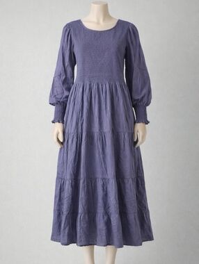 Bluish Long Sleeve Smocked Midi Dress
